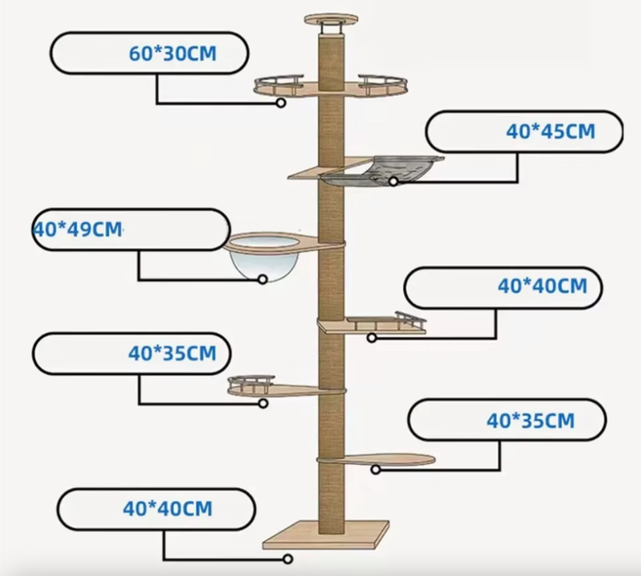 Arbre a chat XXL en bois naturel du sol au plafond avec hamac, Adapté gros chats, Maine Coon - Modèle : "SkyCat"