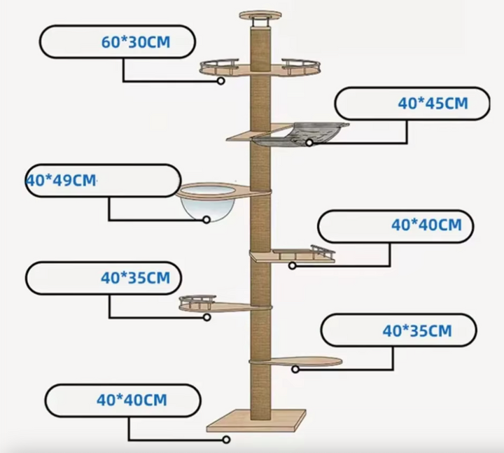 Arbre a chat XXL en bois naturel du sol au plafond avec hamac, Adapté gros chats, Maine Coon - Modèle : "SkyCat"