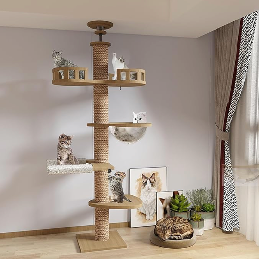 Arbre a chat XXL en bois naturel du sol au plafond avec hamac, Adapté gros chats, Maine Coon - Modèle : "SkyCat"