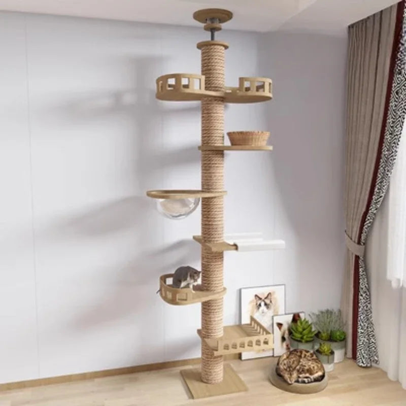 Arbre a chat XXL en bois naturel du sol au plafond avec hamac, Adapté gros chats, Maine Coon - Modèle : "SkyCat"