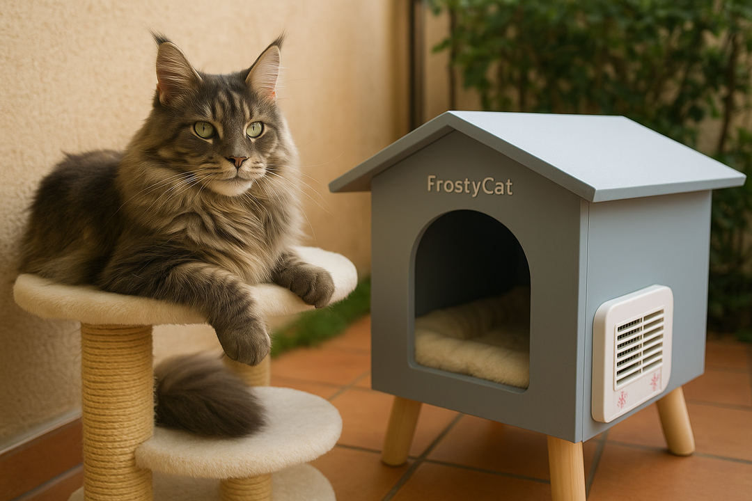 Chat à côté d'une maison pour chat climatisée