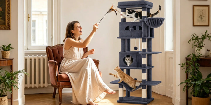 Arbre à chat 210 cm marron camel avec grande plateforme et hamac