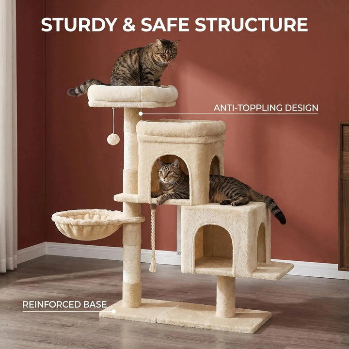 Arbre à chat 95 cm beige avec deux niches et poteaux en sisal