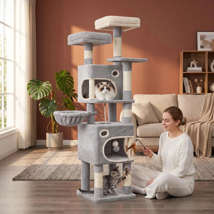 Arbre à chat 159 cm avec plateformes, niches et griffoirs en sisal
