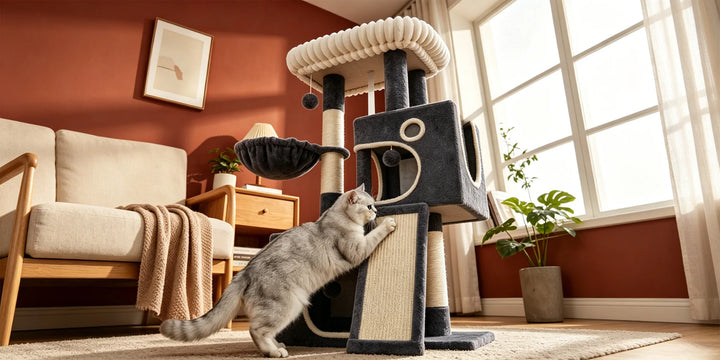 Arbre à chat 113 cm gris anthracite avec niche et rampe en sisal