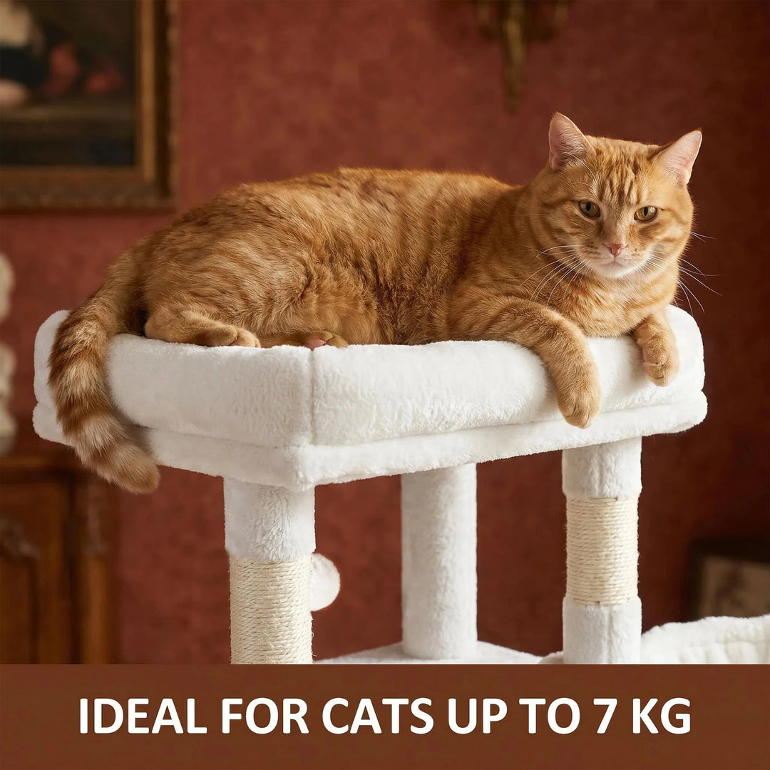 Arbre à chat 210 cm marron camel avec grande plateforme et hamac