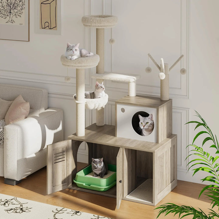 Arbre à Chat Bois design avec Bac à Litière - Modèle WoodNest