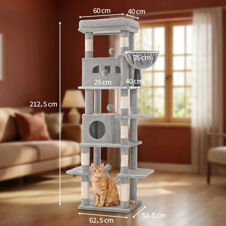 Arbre à chat 210 cm marron camel avec grande plateforme et hamac