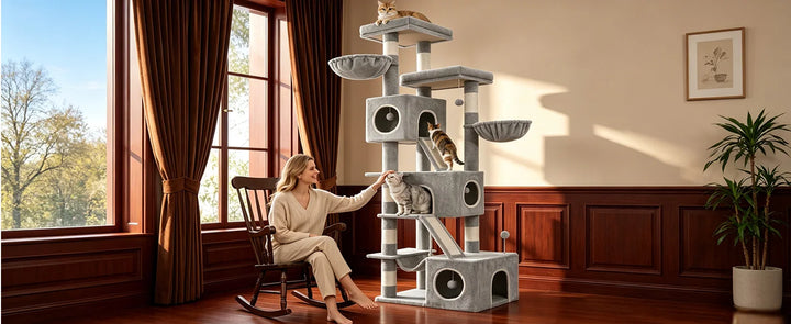 Arbre à chat XXL 211 cm gris clair avec trois niches et hamac