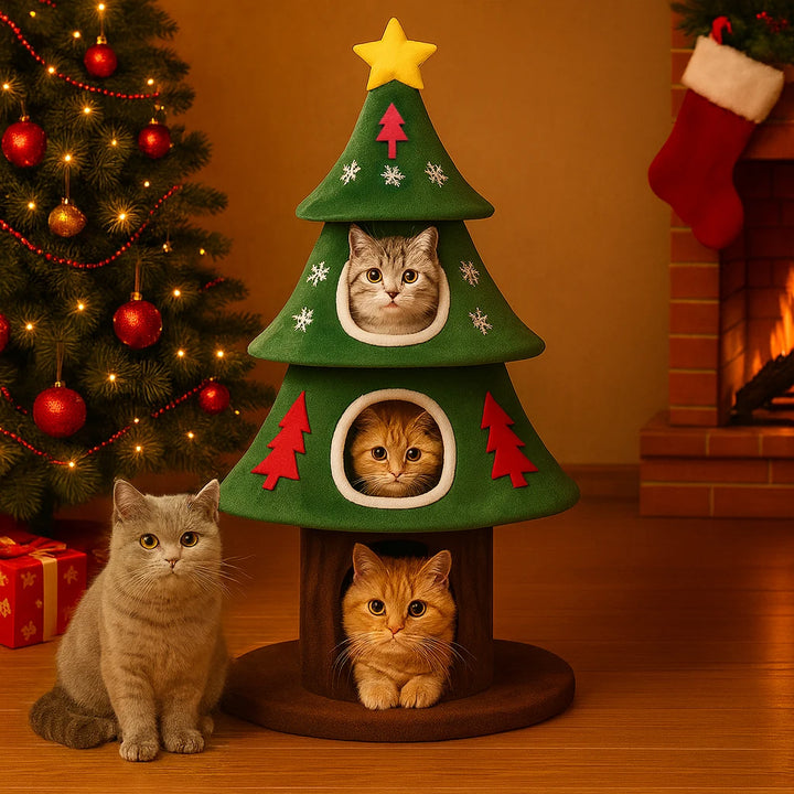 Arbre à chat design sapin de Noël avec cabane et griffoirs