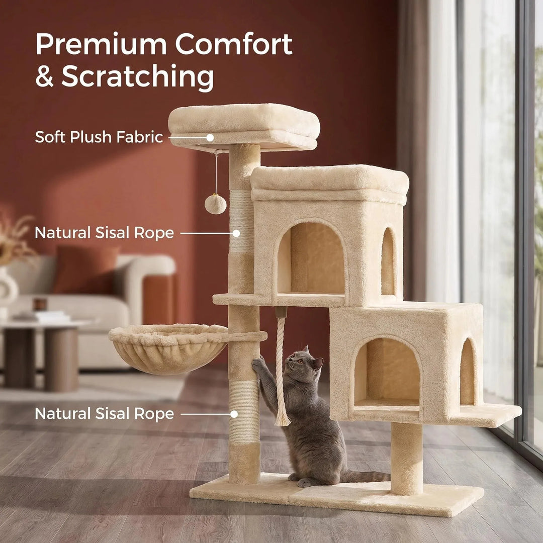 Arbre à chat 95 cm beige avec deux niches et poteaux en sisal
