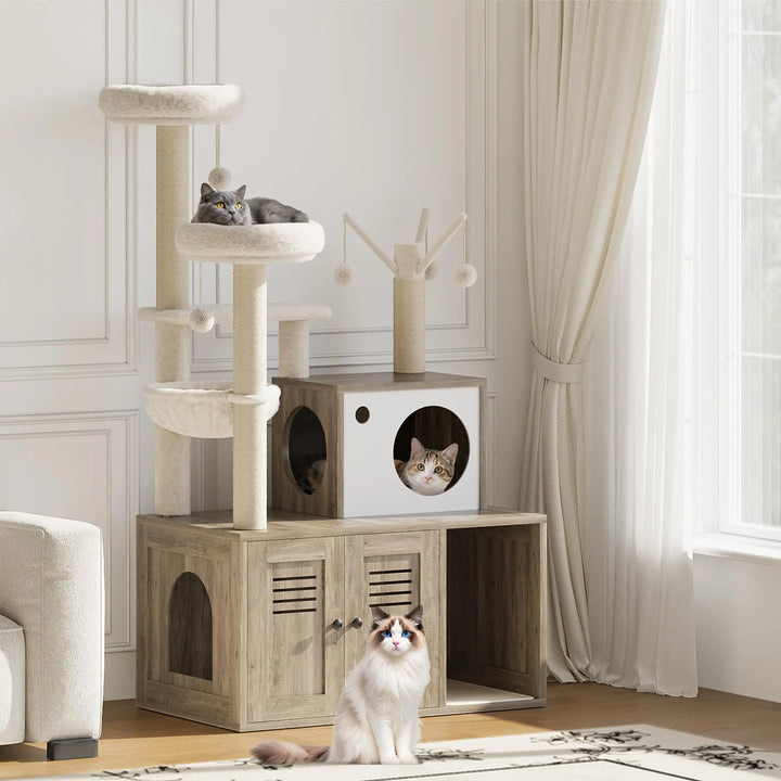 Arbre à Chat Bois design avec Bac à Litière - Modèle WoodNest