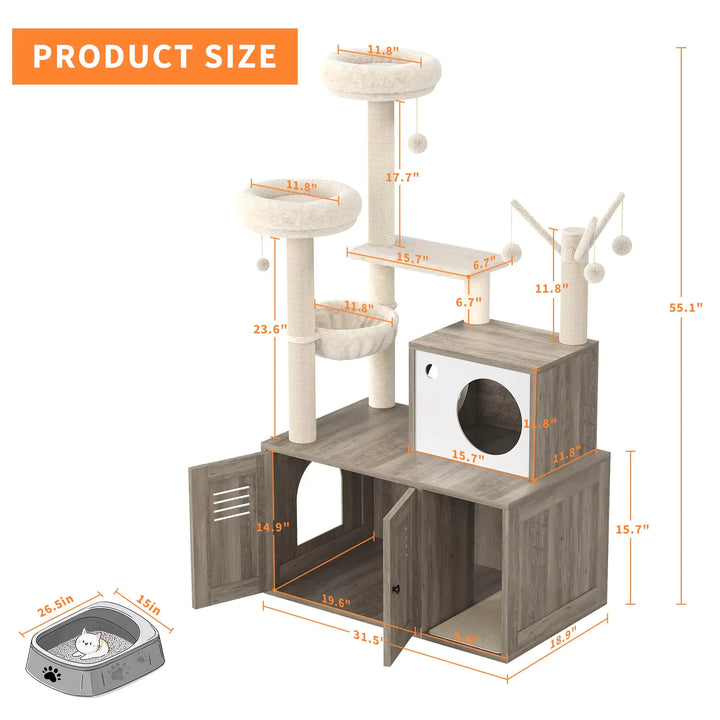 Arbre à Chat Bois design avec Bac à Litière - Modèle WoodNest