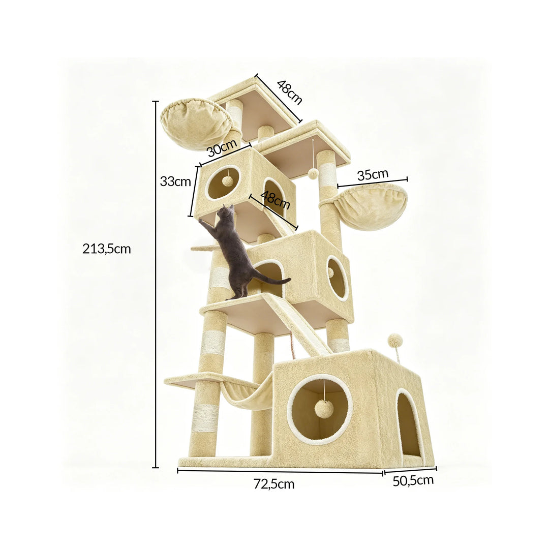 Arbre à chat XXL 211 cm gris clair avec trois niches et hamac