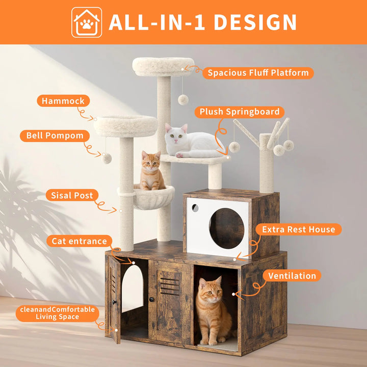 Arbre à Chat Bois design avec Bac à Litière - Modèle WoodNest
