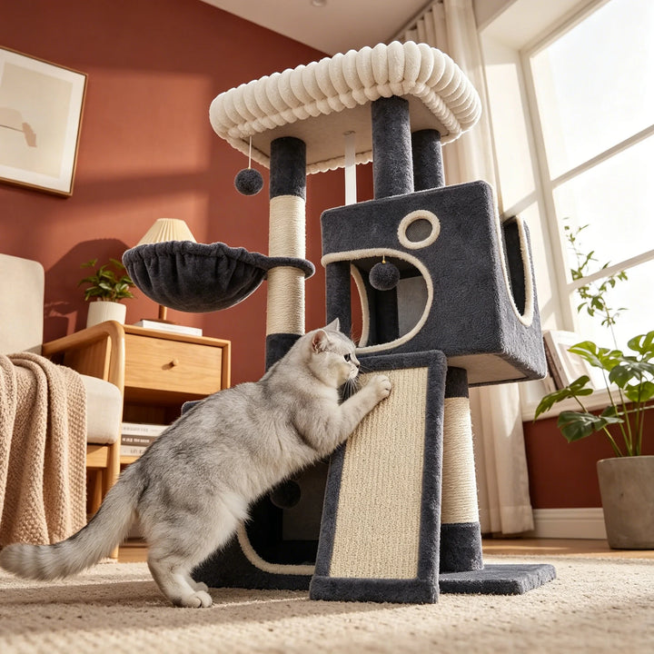 Arbre à chat 113 cm gris anthracite avec niche et rampe en sisal