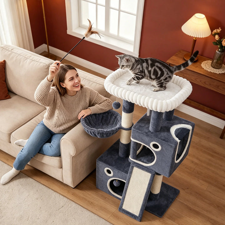 Arbre à chat 113 cm gris anthracite avec niche et rampe en sisal