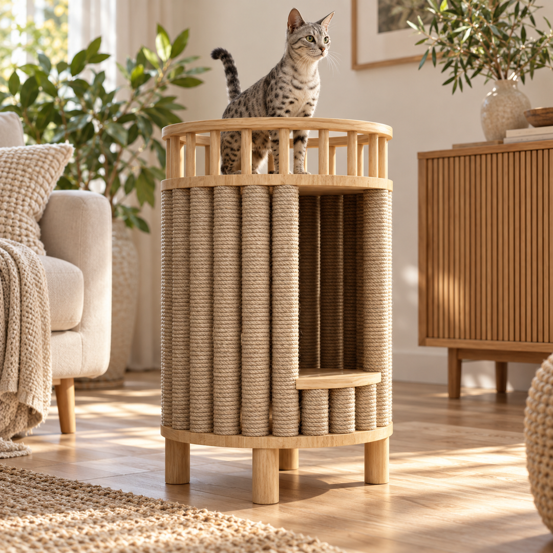 Arbre a chat design en bois - Meuble avec griffoir - Litière intégrée - Rond