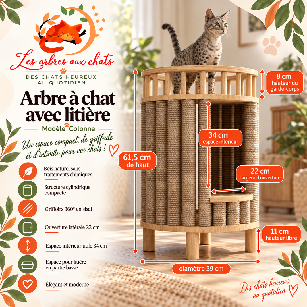 Arbre a chat design en bois - Meuble avec griffoir - Litière intégrée - Rond
