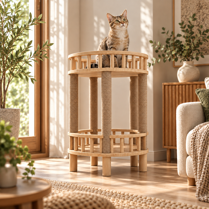 Arbre a chat design en bois - Meuble avec griffoir - Litière intégrée - Rond