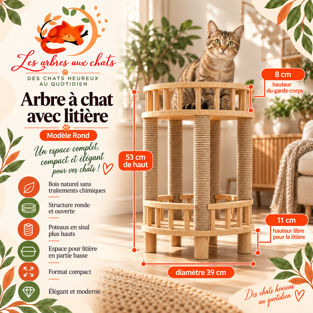 Arbre a chat design en bois - Meuble avec griffoir - Litière intégrée - Rond