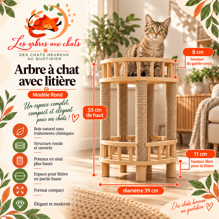 Arbre a chat design en bois - Meuble avec griffoir - Litière intégrée - Rond