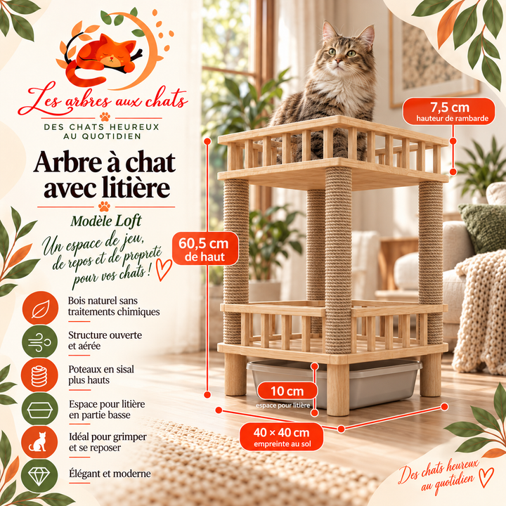 Arbre a chat design en bois - Meuble avec griffoir - Litière intégrée - Rectangulaire