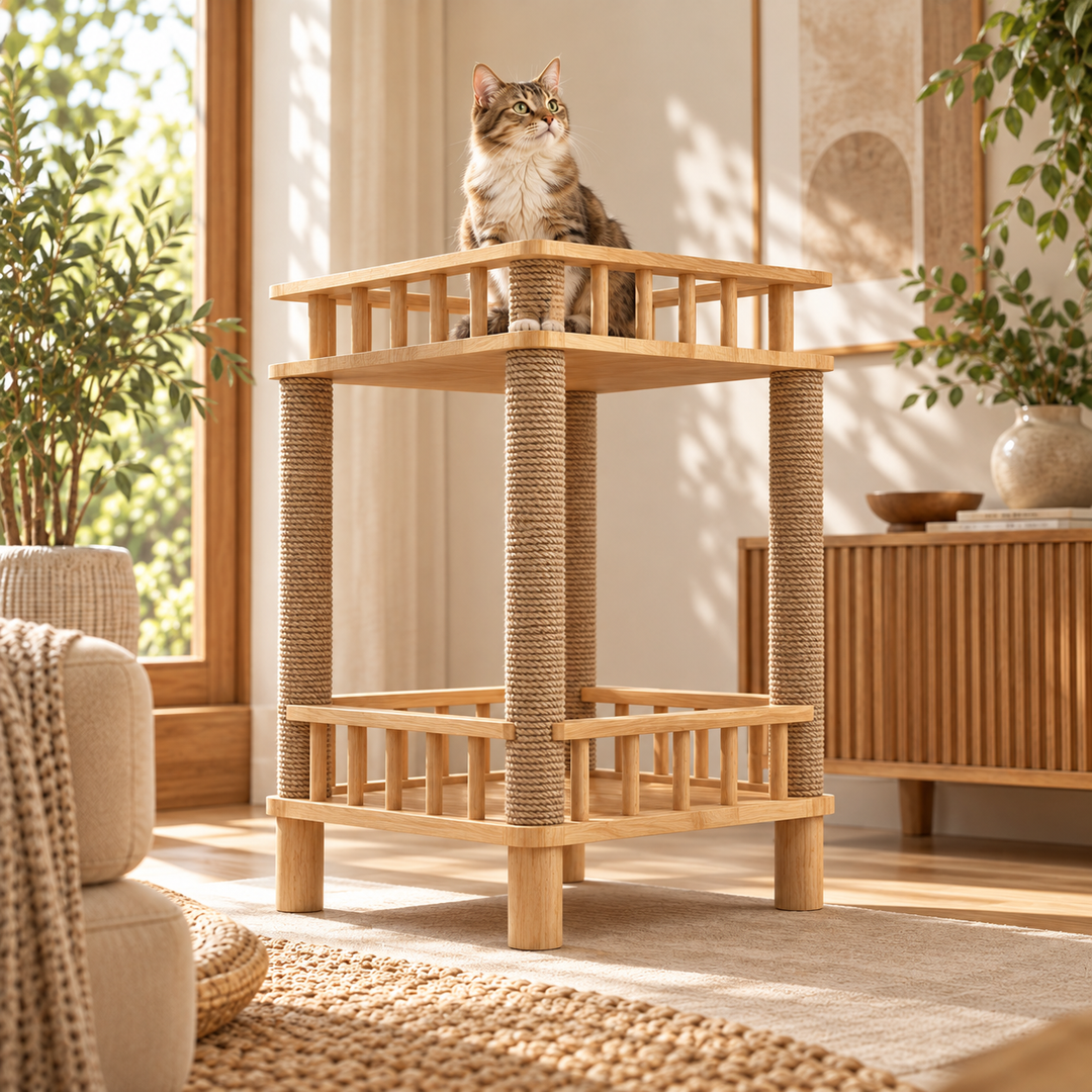 Arbre a chat design en bois - Meuble avec griffoir - Litière intégrée - Rectangulaire