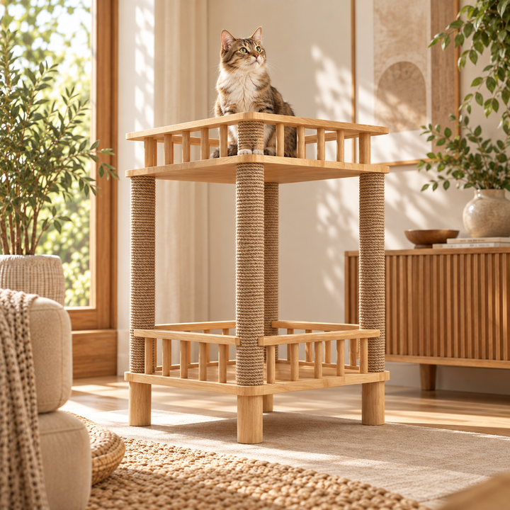 Arbre a chat design en bois - Meuble avec griffoir - Litière intégrée - Rectangulaire