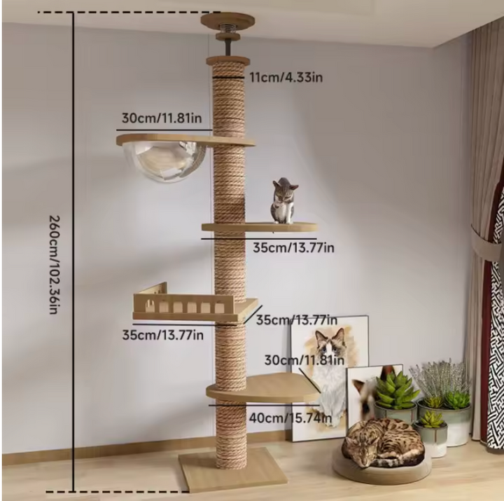 Arbre a chat XXL en bois naturel du sol au plafond avec hamac, Adapté gros chats, Maine Coon - Modèle : "SkyCat"