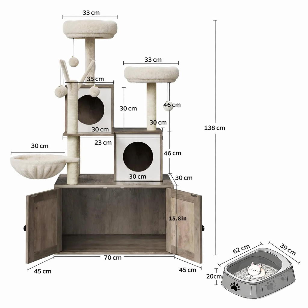 Designer Wooden Cat Tree with Litter Box - LuxeNest Model 