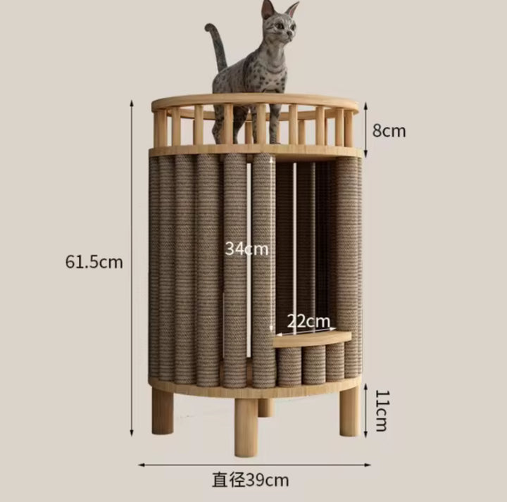 Arbre a chat design en bois - Meuble avec griffoir - Litière intégrée - Rond