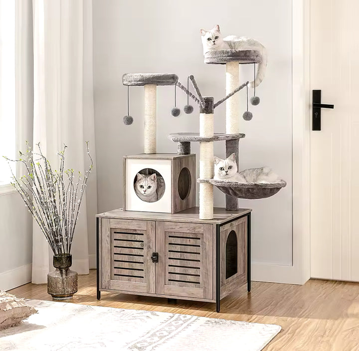 Arbre à Chat Bois design avec Bac à Litière - Modèle LuxeNest