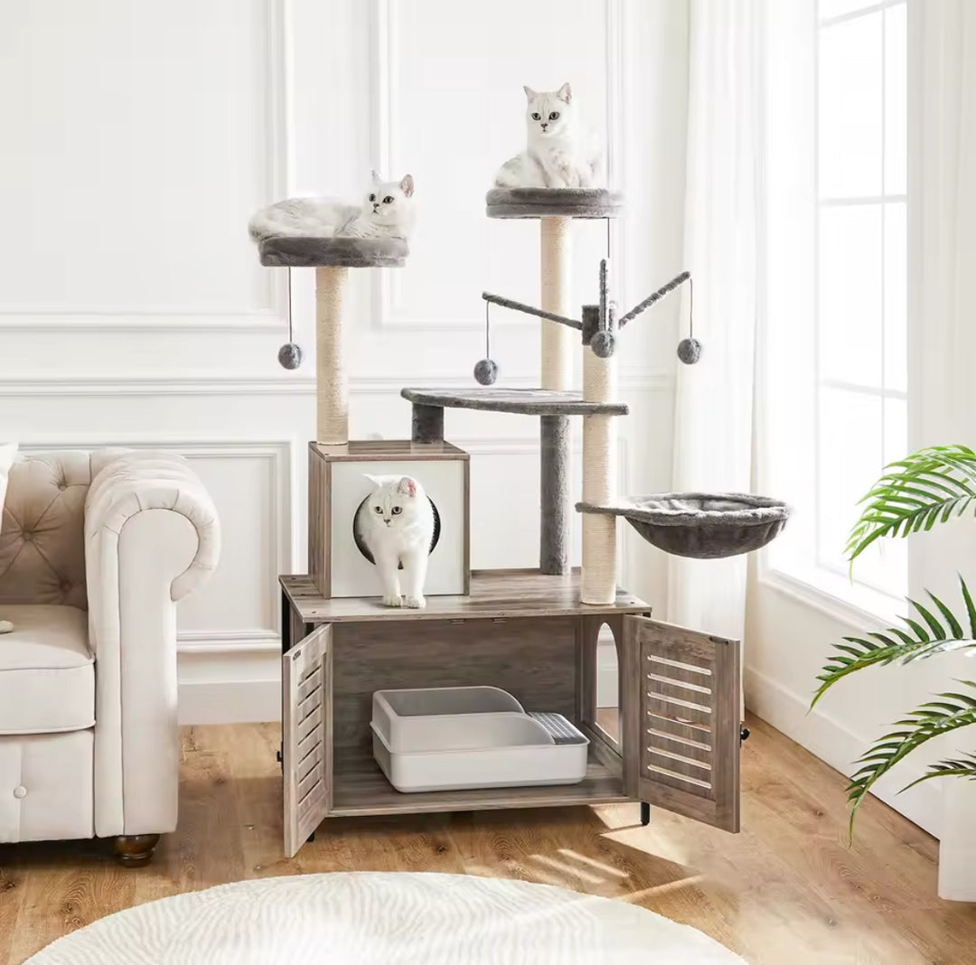 Arbre à Chat Bois design avec Bac à Litière - Modèle LuxeNest