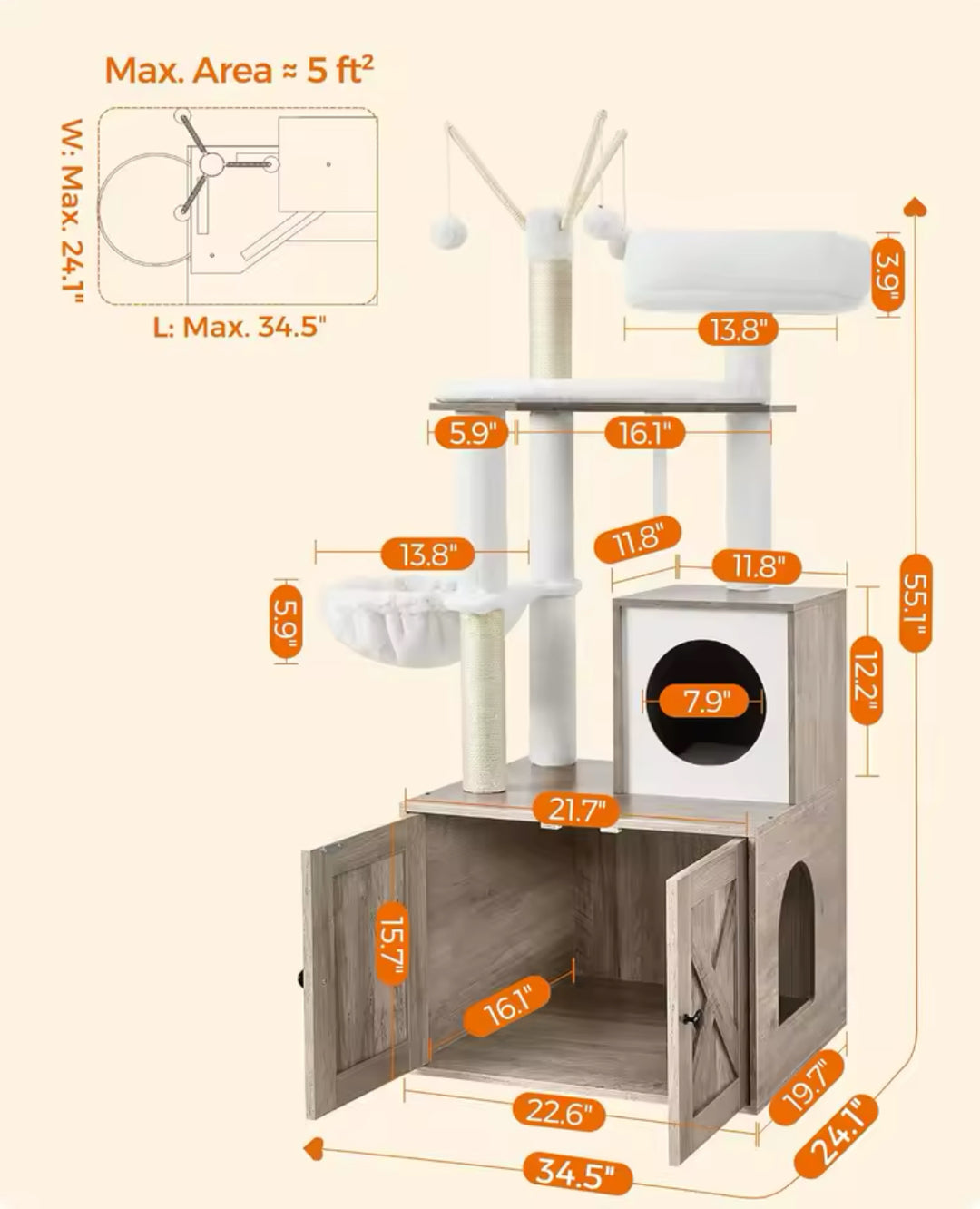 Arbre à Chat Bois design avec Bac à Litière - Modèle LuxeNest