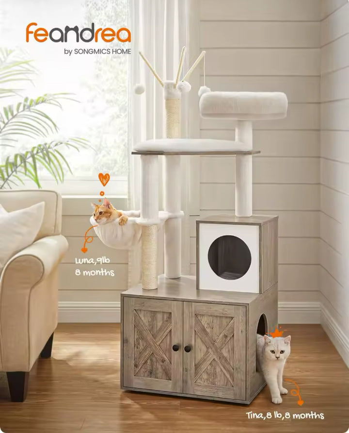 Arbre à Chat Bois design avec Bac à Litière - Modèle LuxeNest