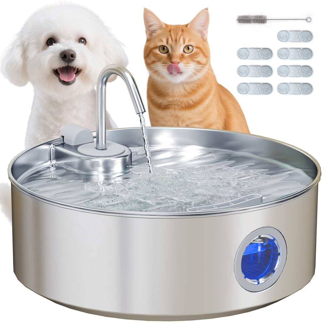 Fontaine à eau pour animaux en acier inoxydable, adaptée pour chiens et chats, design moderne et fonctionnalités pratiques.