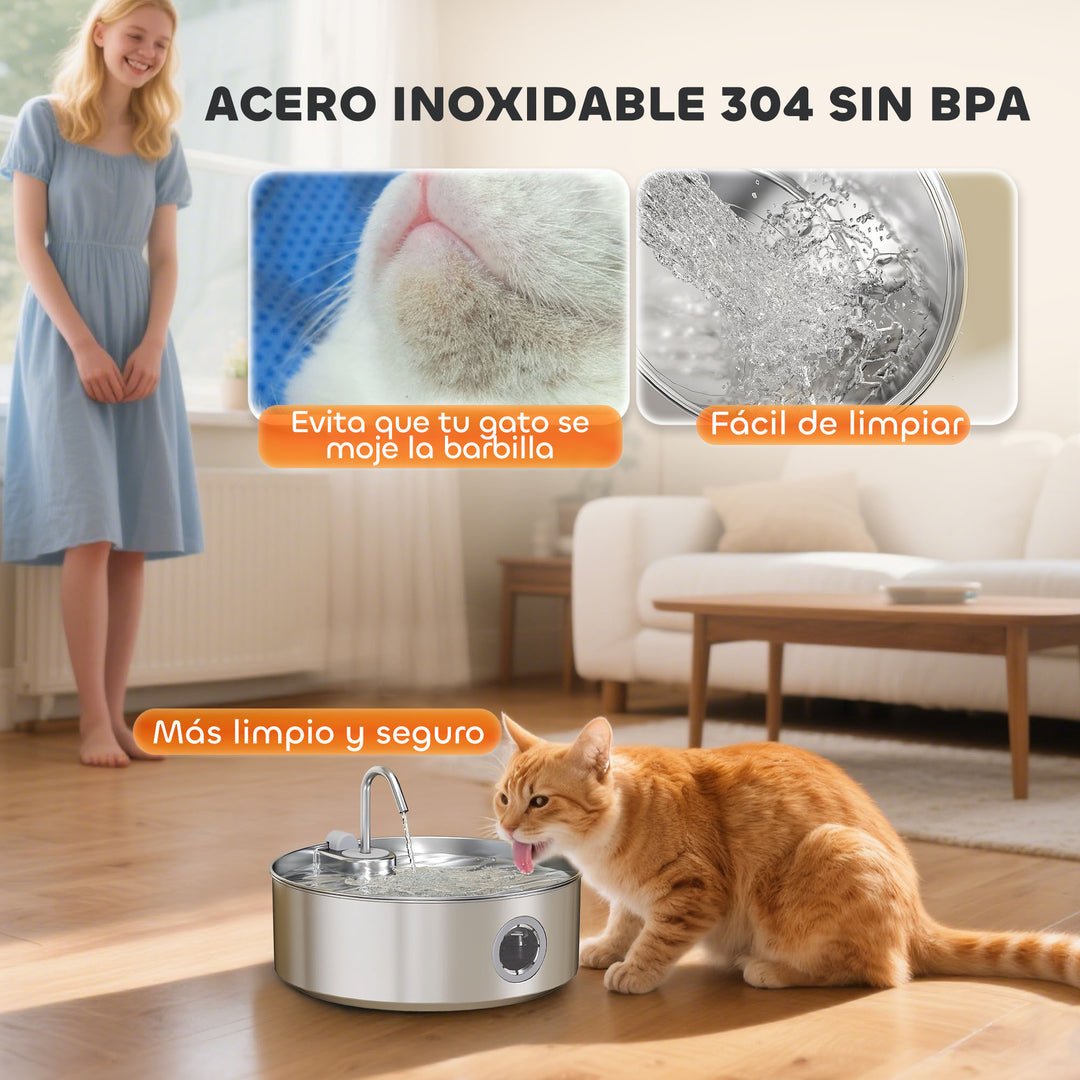 Fontaine pour chat en inox 304 sans BPA, facile à nettoyer et évite que le chat se mouille.
