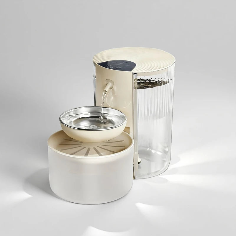 Fontaine à eau moderne, couleur crème, en plastique et acier inoxydable, avec bol en inox.