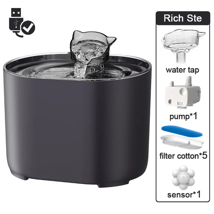 Fontaine à eau pour chat USB, couleur noire, avec capteur et accessoires inclus.