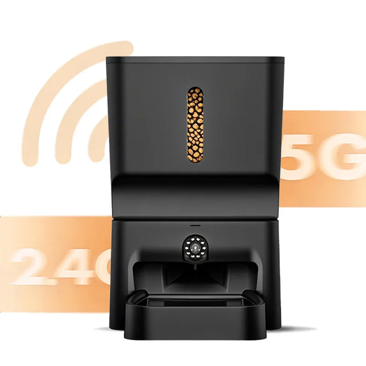 Distributeur automatique noir, connectivité 5G et 2.4G, design moderne et pratique pour animaux de compagnie.