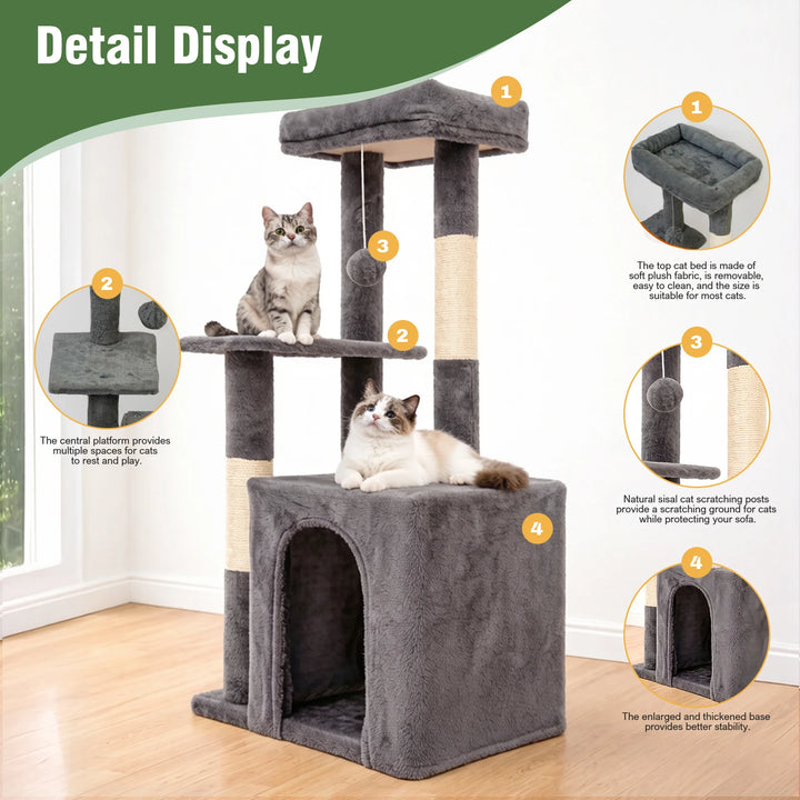 Arbre à chat compact 80 cm gris avec double niche et griffoirs