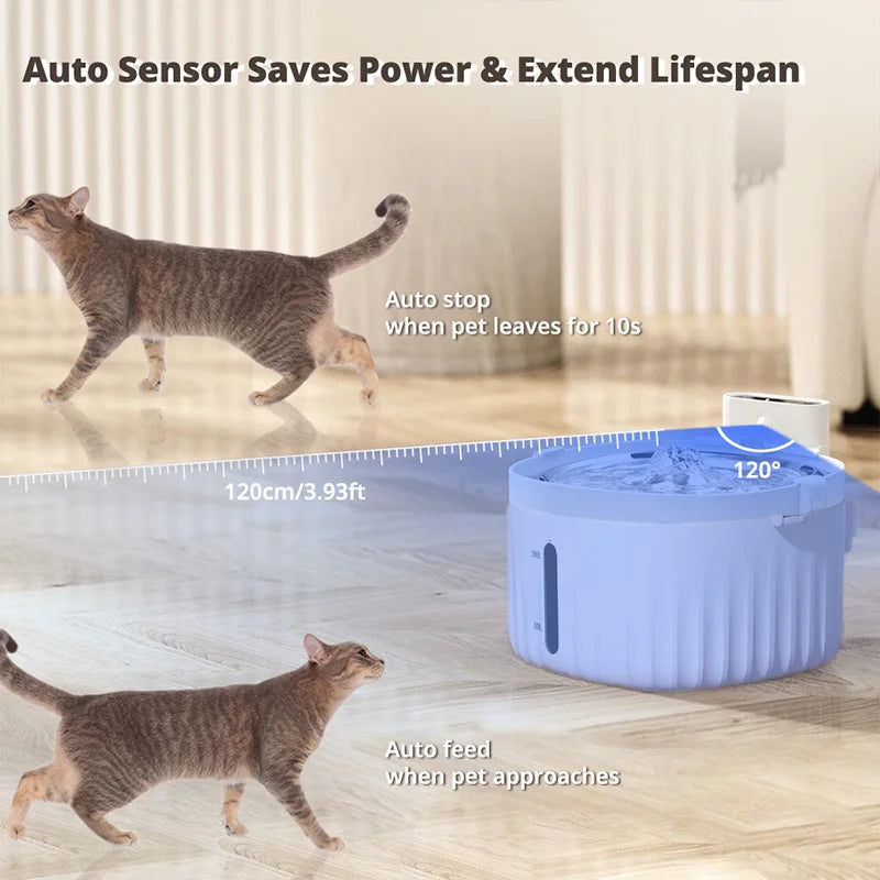 Fontaine à eau pour chat, bleu, avec capteur automatique et fonction d'alimentation.