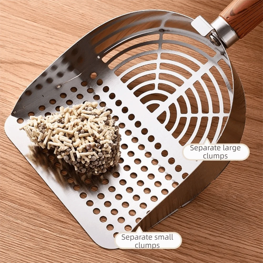 Pelle à litière pour chat en acier inoxydable avec manche bois ergonomique "Main Propre"