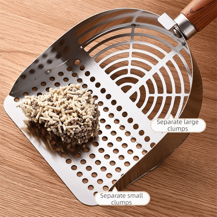 Pelle à litière pour chat en acier inoxydable avec manche bois ergonomique "Main Propre"