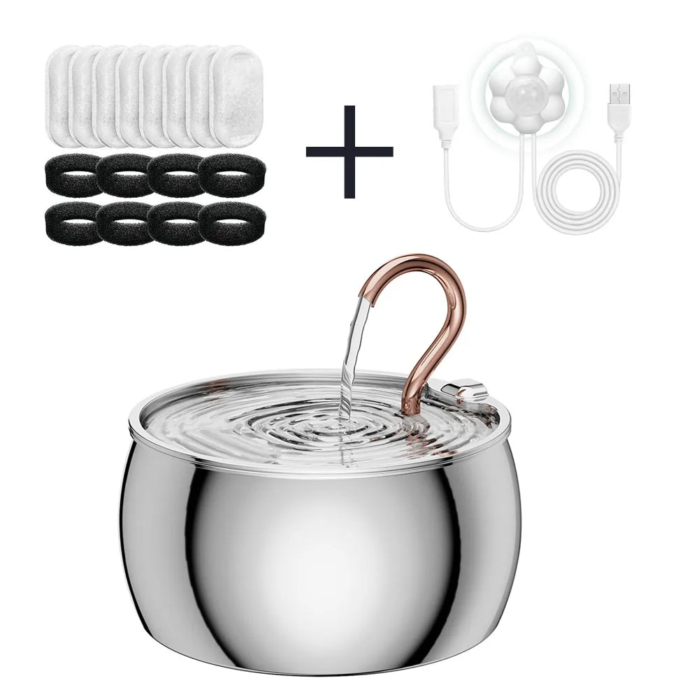 Fontaine à eau en acier inoxydable avec accessoires, système de filtrage et éclairage LED.