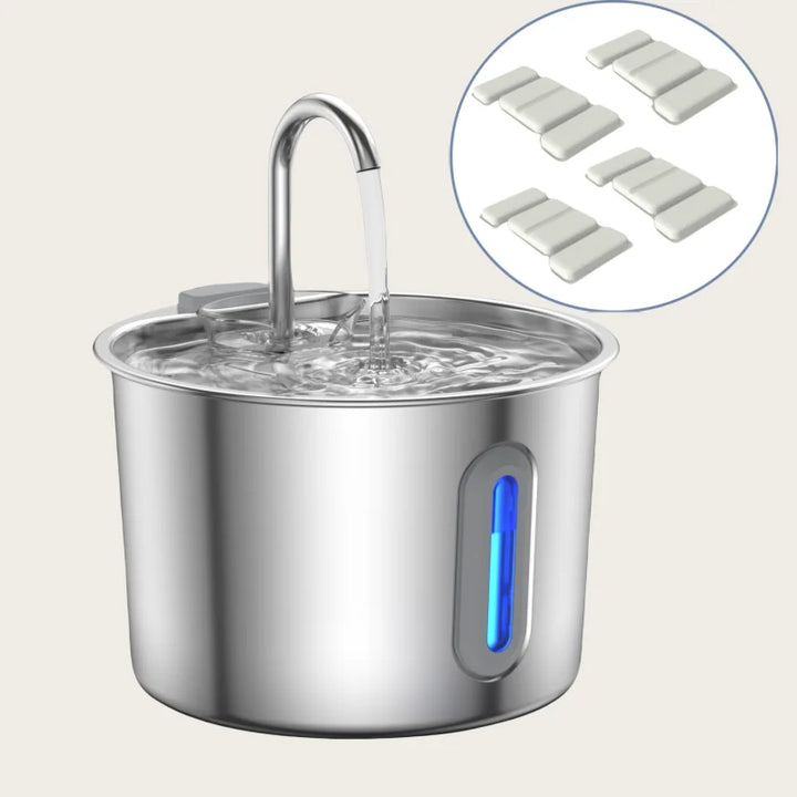 Fontaine à eau en acier inoxydable, avec voyant lumineux bleu et accessoires inclus.