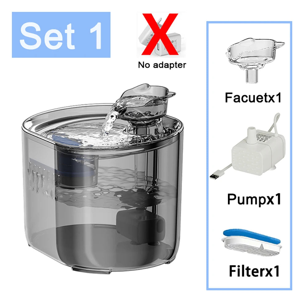 Set 1 de fontaine à eau en plastique transparent, comprend robinet, pompe USB et filtre.