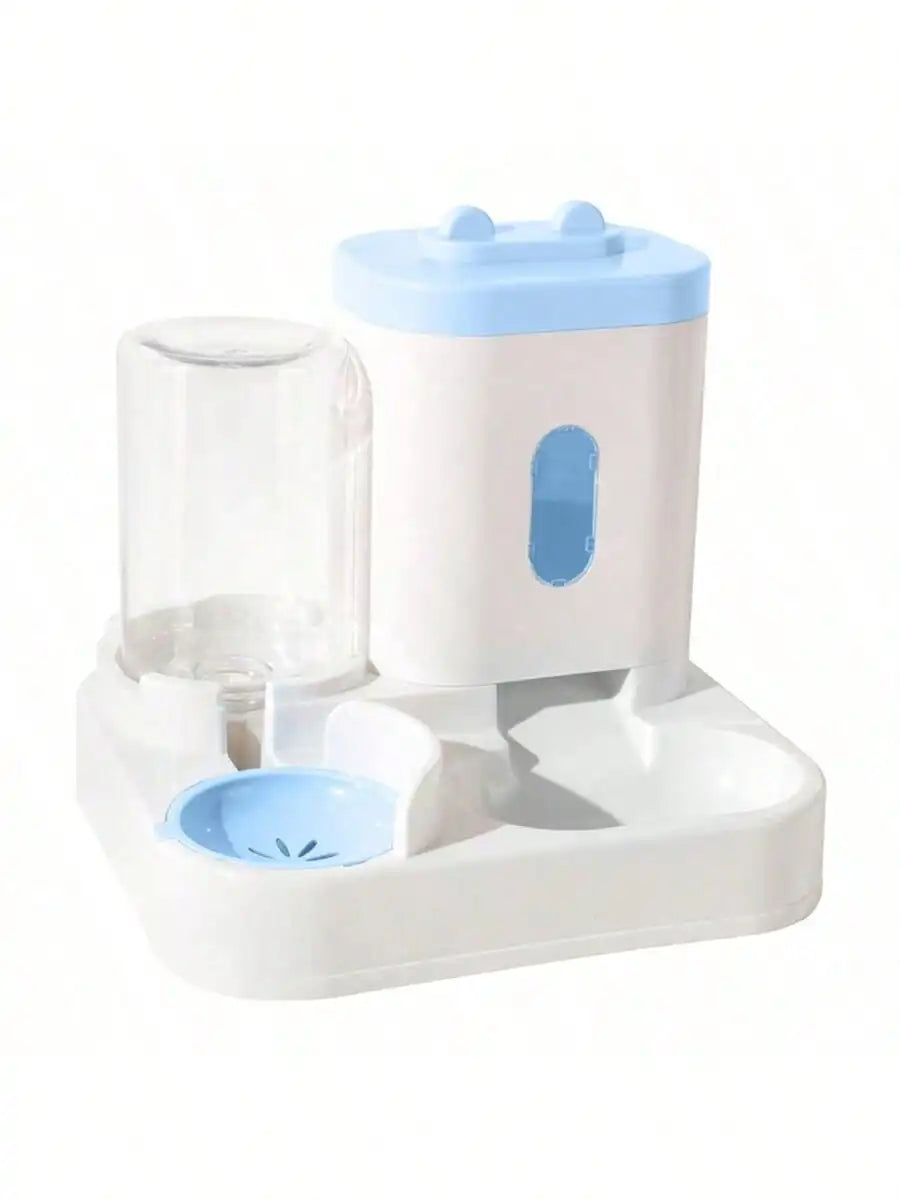 Distributeur d'eau pour animaux, blanc avec couvercle bleu, en plastique, design pratique avec bol intégré.