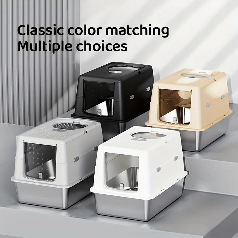 Bac à litière chat en acier inoxydable avec couvercle basculant – Modèle "SteelFlip Premium"